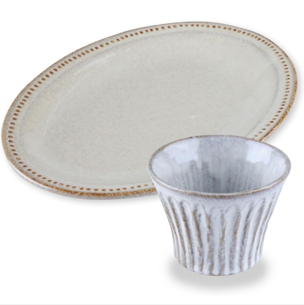 Product of Gifu Japan Mino Ware Oval Plate/Cup Set, Dot Rim Oval Plate Beige - 9